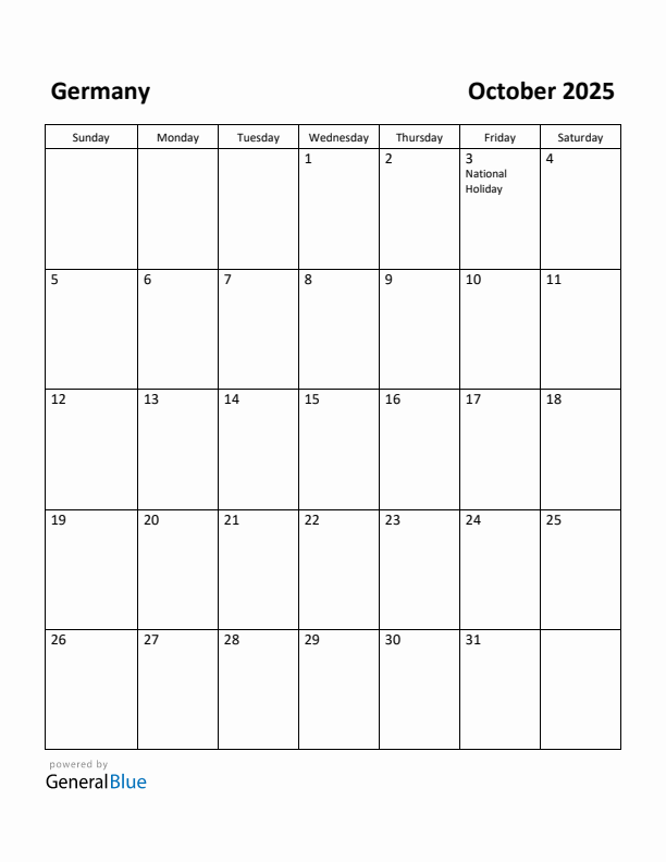 October 2025 Calendar with Germany Holidays