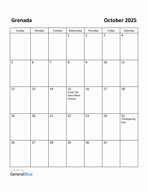 October 2025 Calendar with Grenada Holidays