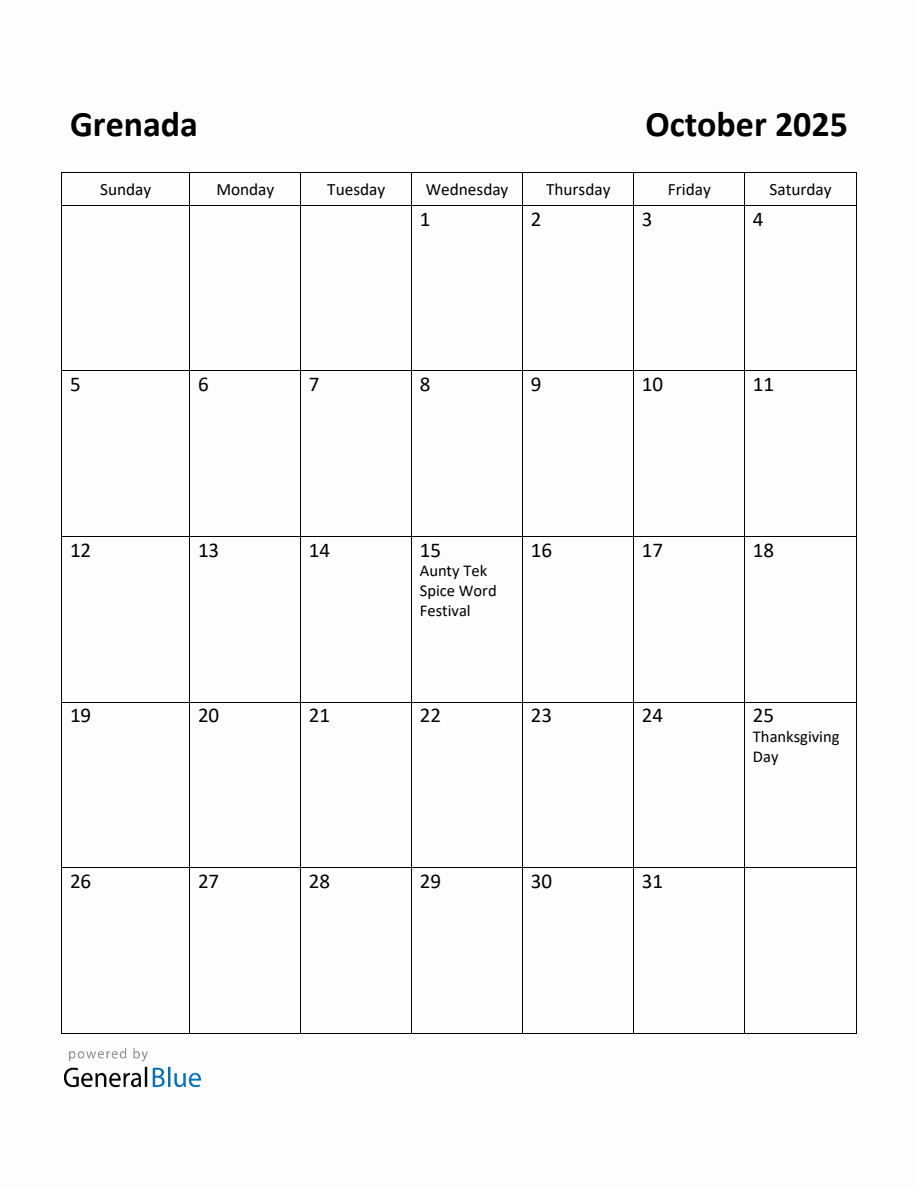 Free Printable October 2025 Calendar for Grenada