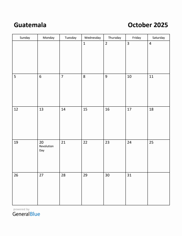 October 2025 Calendar with Guatemala Holidays