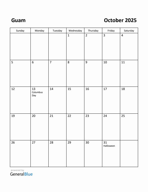 October 2025 Calendar with Guam Holidays