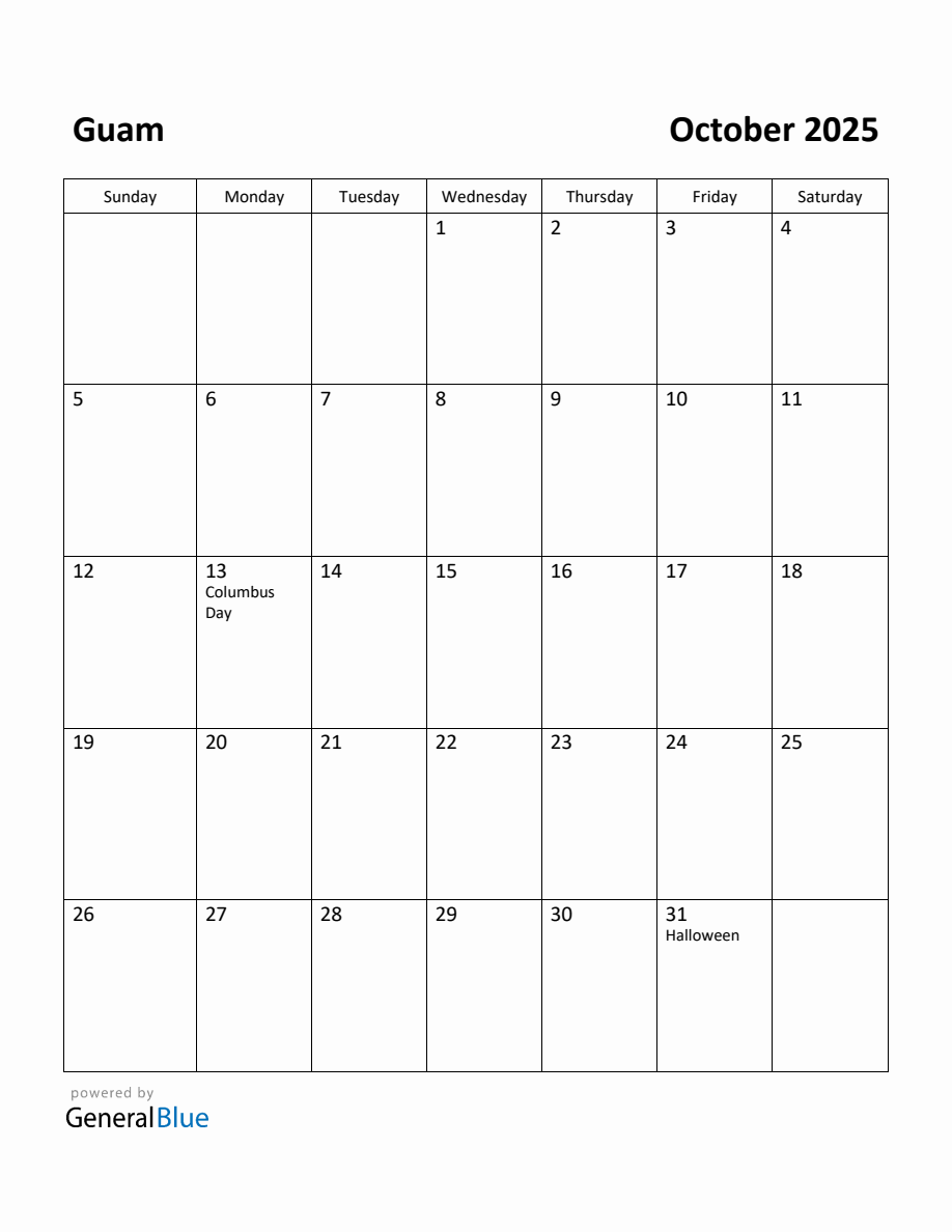 Free Printable October 2025 Calendar for Guam