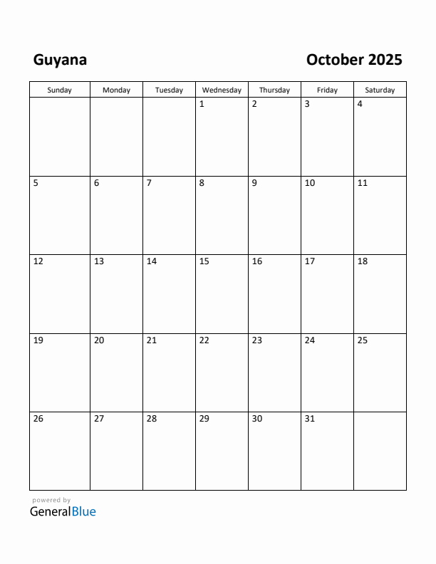 October 2025 Calendar with Guyana Holidays