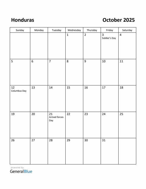 October 2025 Calendar with Honduras Holidays