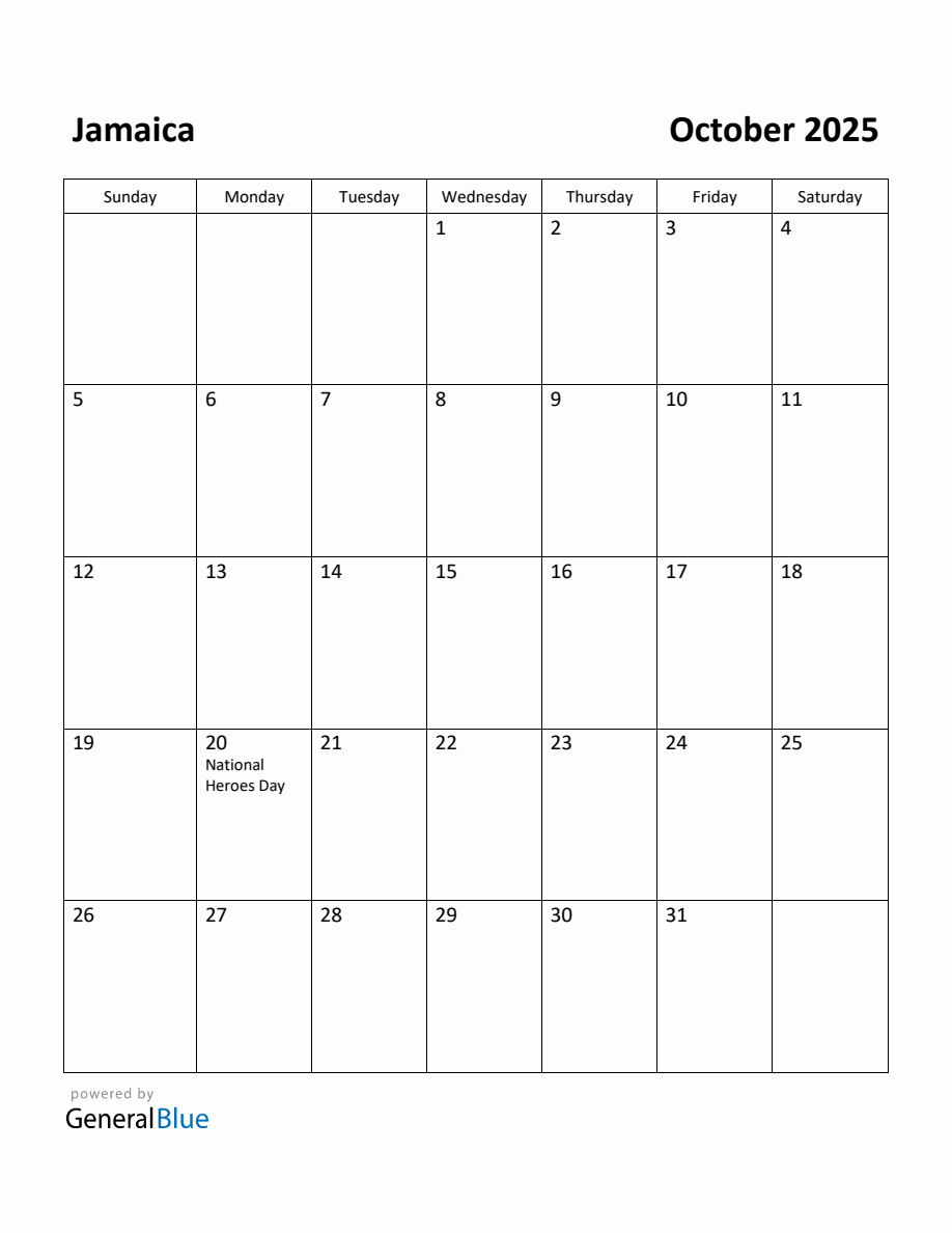 Free Printable October 2025 Calendar for Jamaica