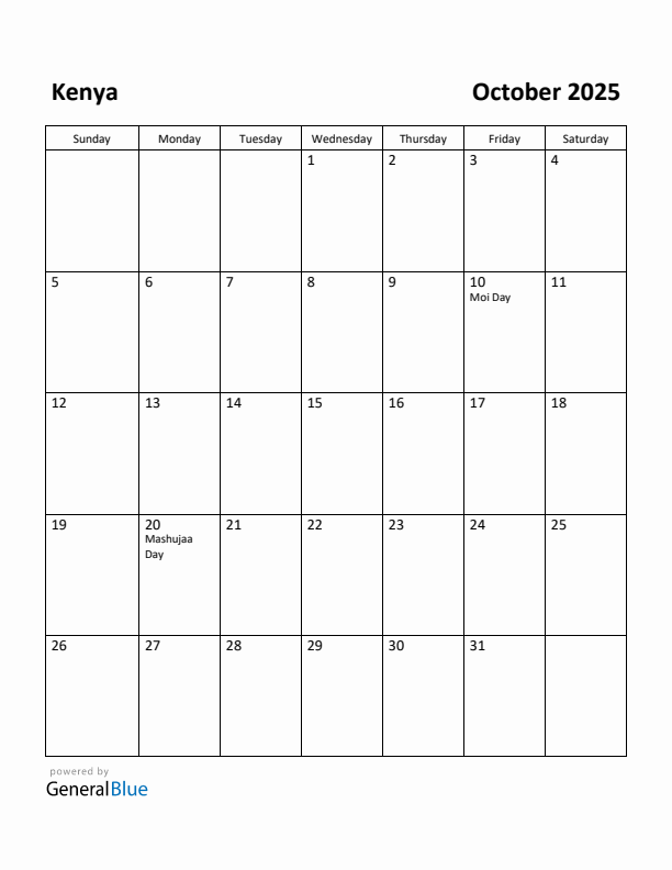 October 2025 Calendar with Kenya Holidays