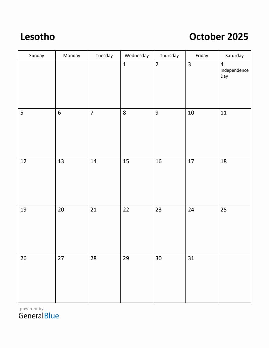 Free Printable October 2025 Calendar for Lesotho