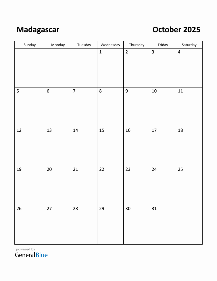 Free Printable October 2025 Calendar for Madagascar