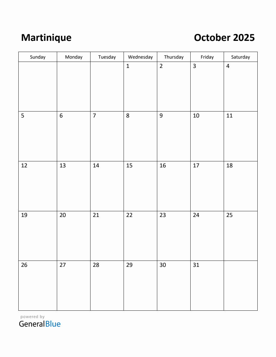 Free Printable October 2025 Calendar for Martinique