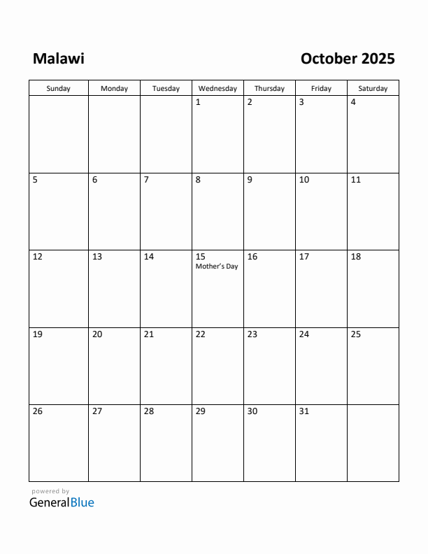 October 2025 Calendar with Malawi Holidays