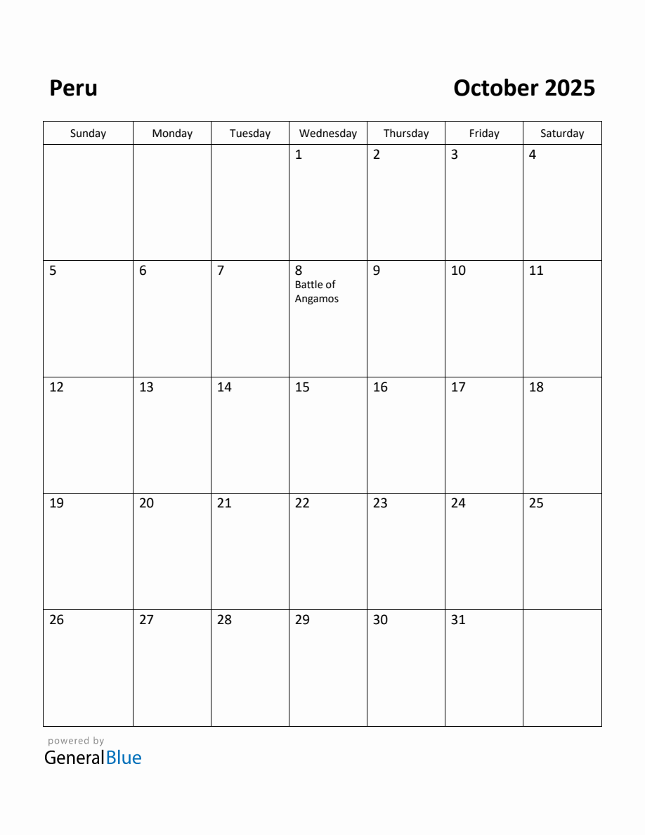 Free Printable October 2025 Calendar for Peru