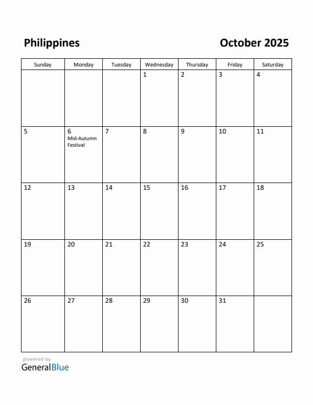 Free Printable October 2025 Calendar for Philippines