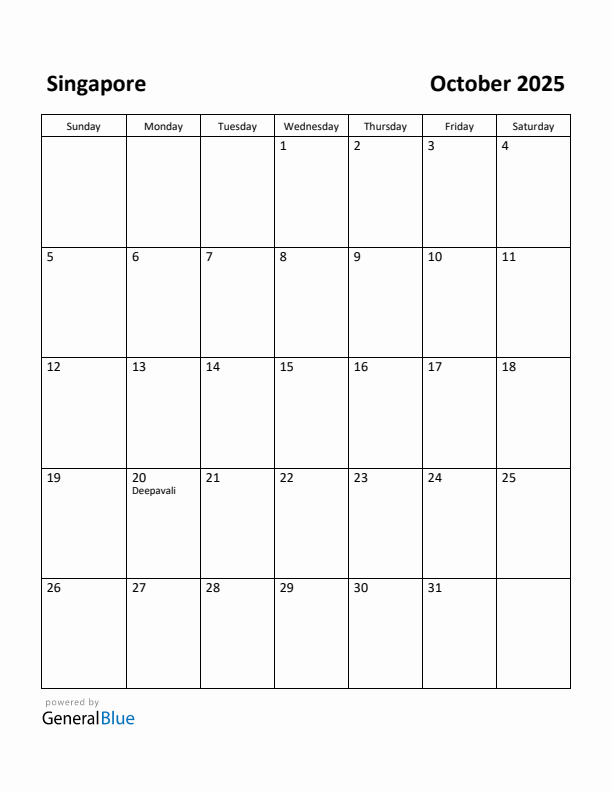 Free Printable October 2025 Calendar for Singapore