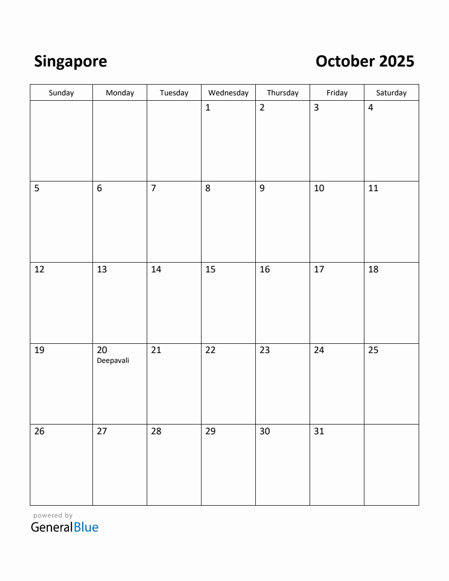 Free Printable October 2025 Calendar for Singapore