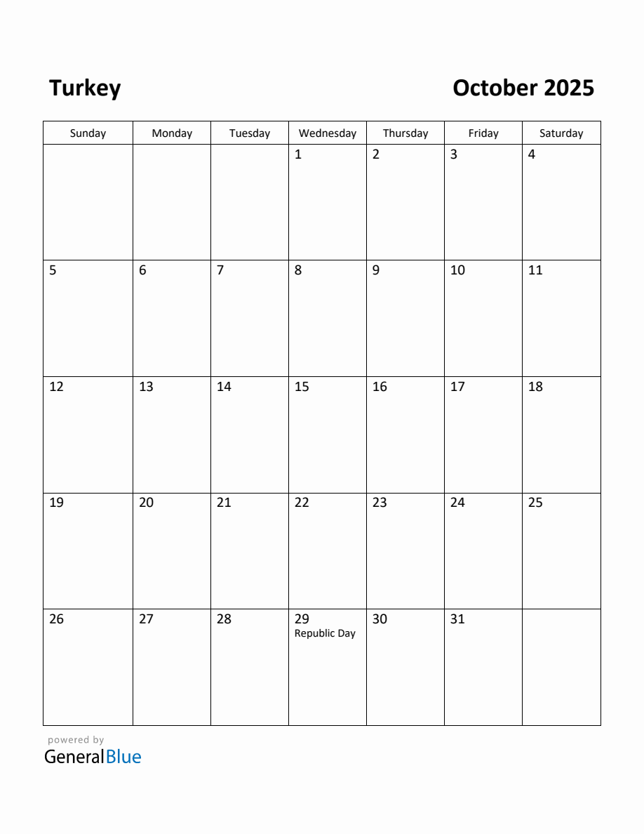 Free Printable October 2025 Calendar for Turkey