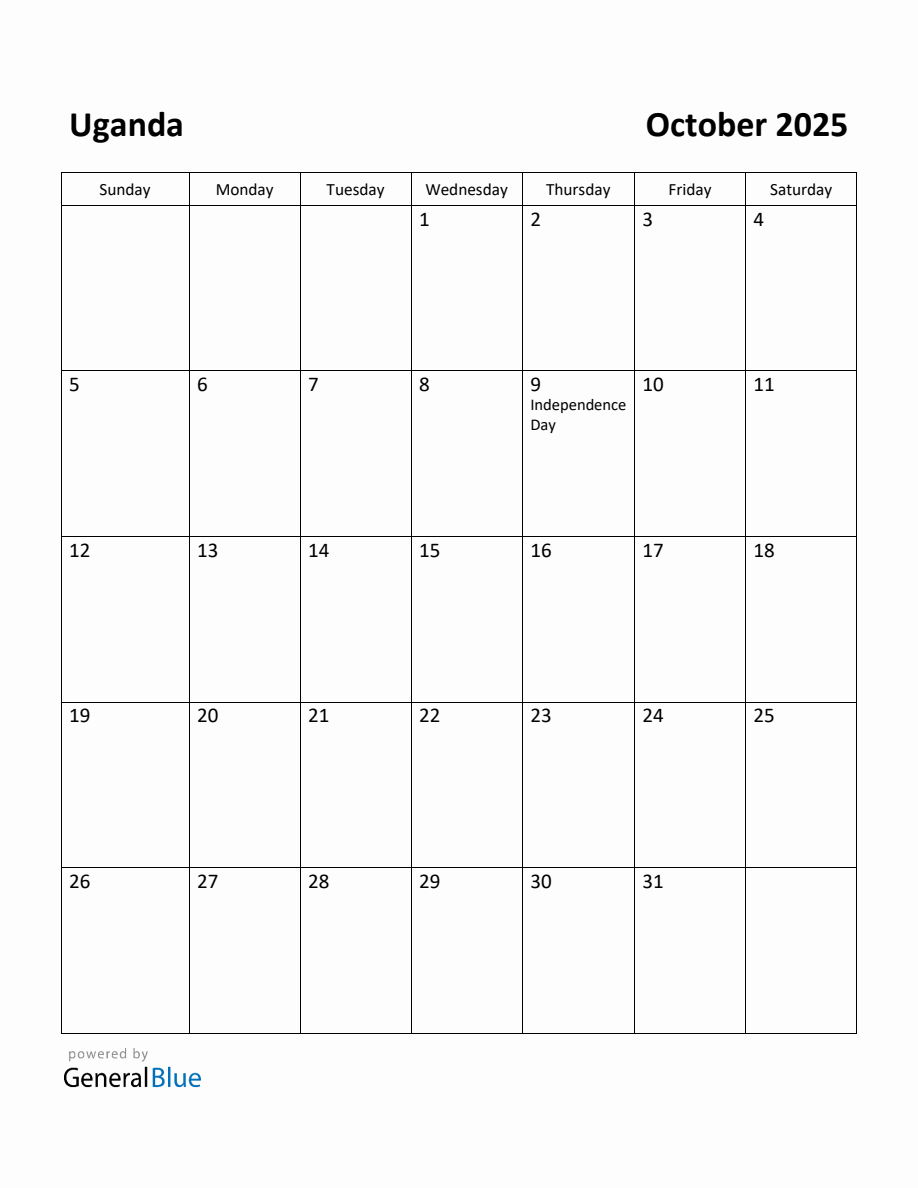 Free Printable October 2025 Calendar for Uganda