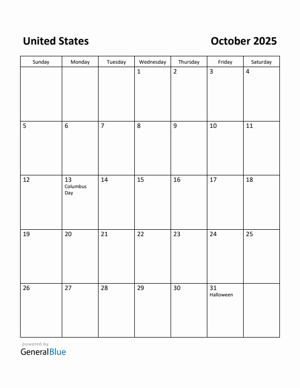 Free Printable October 2025 Calendar for United States