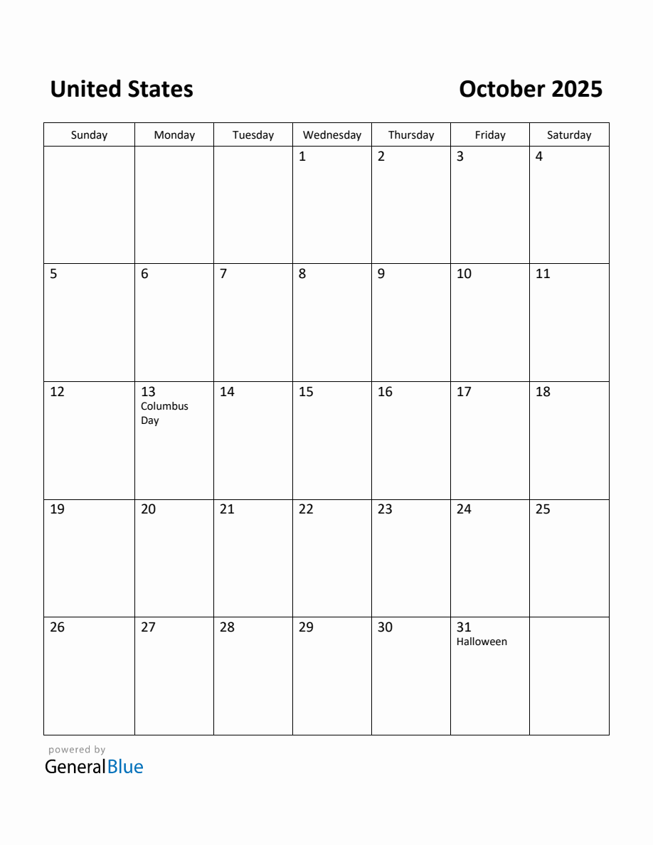 Free Printable October 2025 Calendar for United States