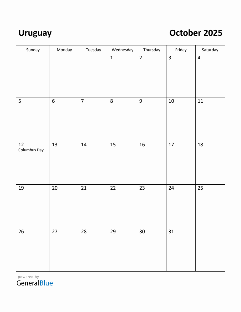 Free Printable October 2025 Calendar for Uruguay