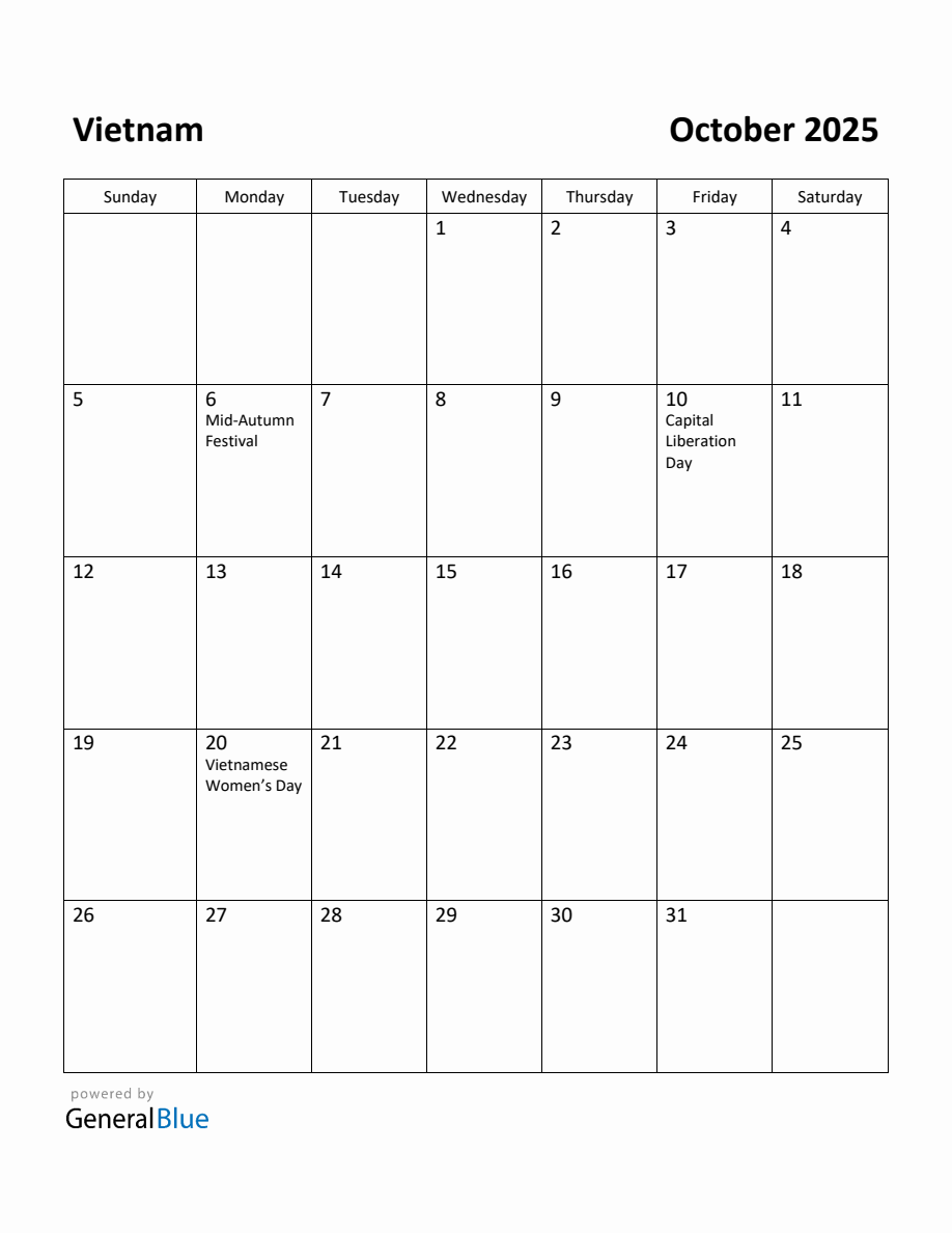 Free Printable October 2025 Calendar for Vietnam