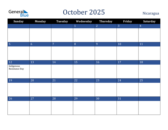 October 2025 Nicaragua Calendar