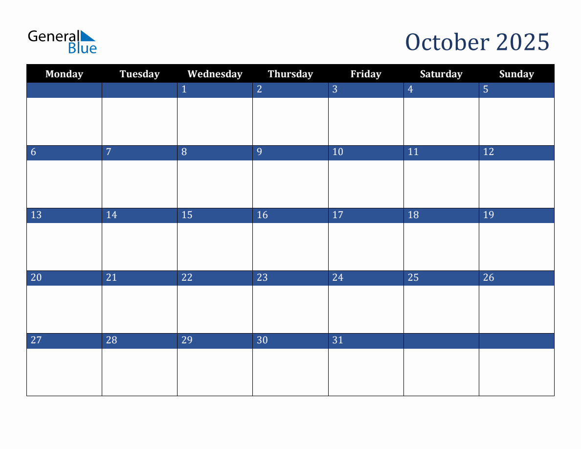October 2025 Downloadable Monday Start Calendar