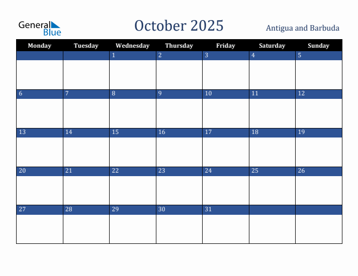October 2025 Antigua and Barbuda Calendar (Monday Start)