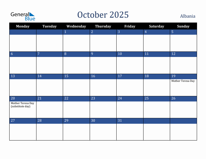 October 2025 Albania Calendar (Monday Start)