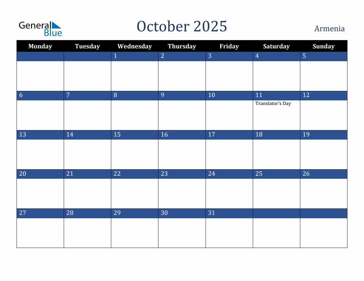 October 2025 Armenia Holiday Calendar