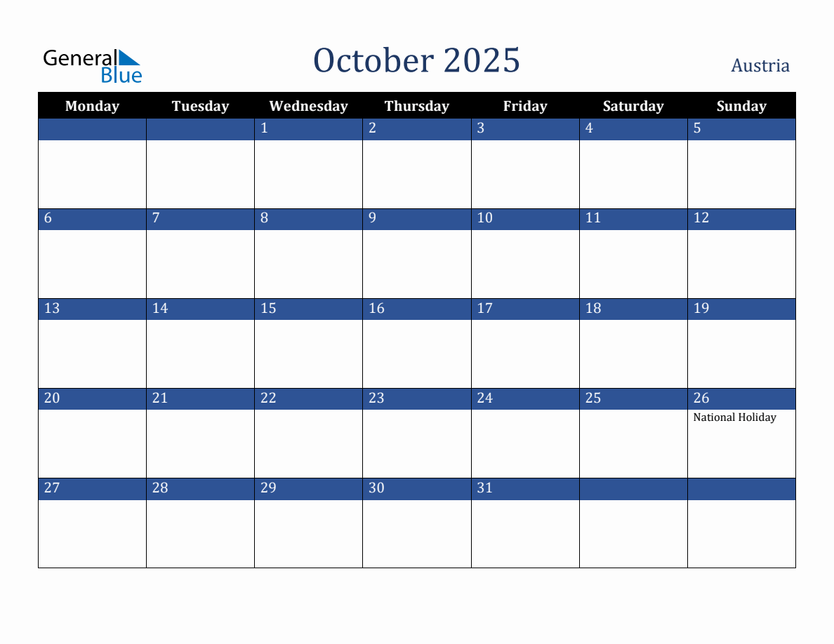 October 2025 Austria Holiday Calendar