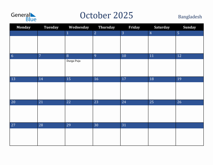 October 2025 Bangladesh Calendar (Monday Start)