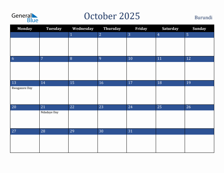 October 2025 Burundi Calendar (Monday Start)