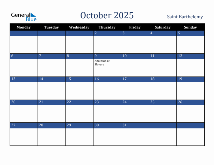 October 2025 Saint Barthelemy Calendar (Monday Start)