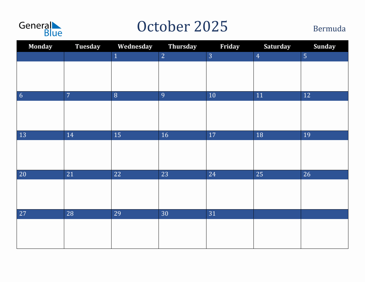 October 2025 Bermuda Holiday Calendar