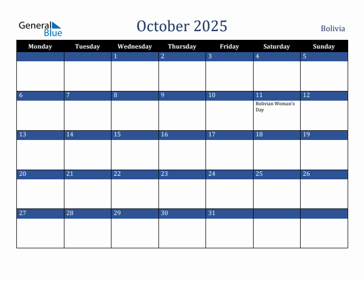 October 2025 Bolivia Calendar (Monday Start)