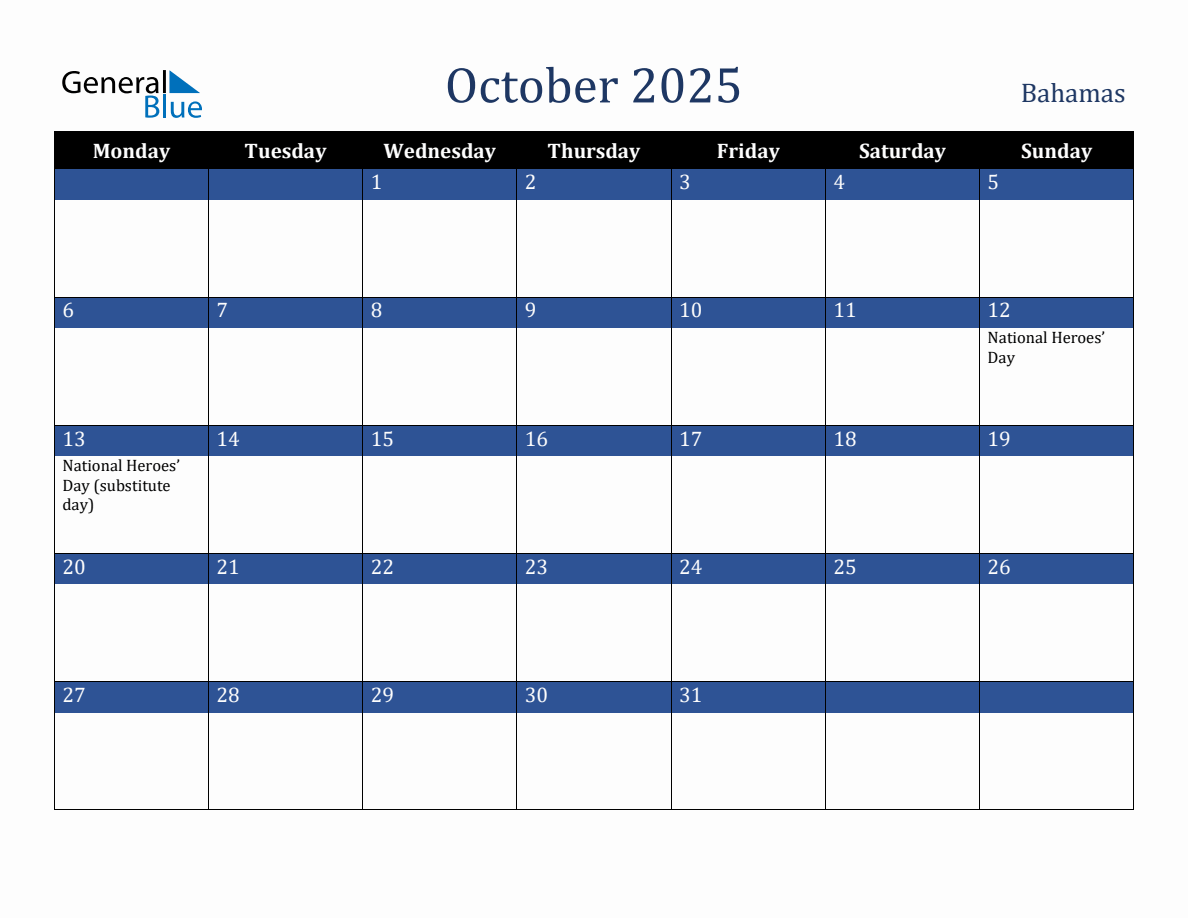 October 2025 Bahamas Holiday Calendar