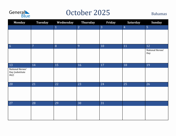 October 2025 Bahamas Calendar (Monday Start)