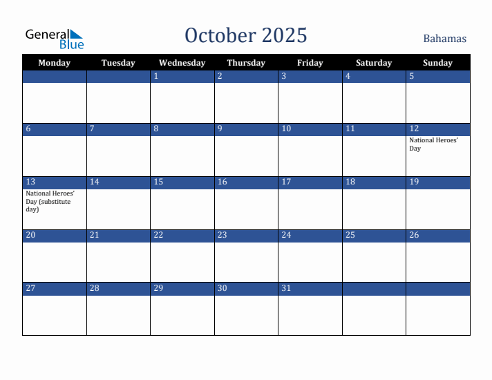 October 2025 Bahamas Monthly Calendar with Holidays