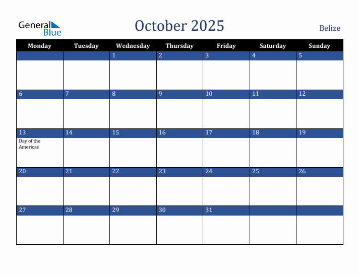 October 2025 Belize Calendar (Monday Start)