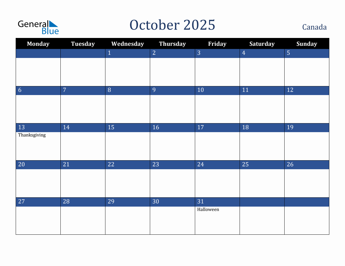 October 2025 Canada Holiday Calendar