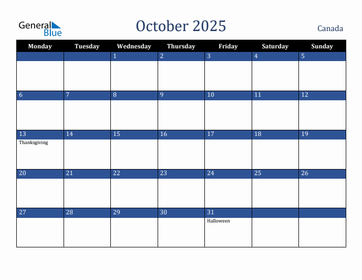 October 2025 Canada Monthly Calendar with Holidays
