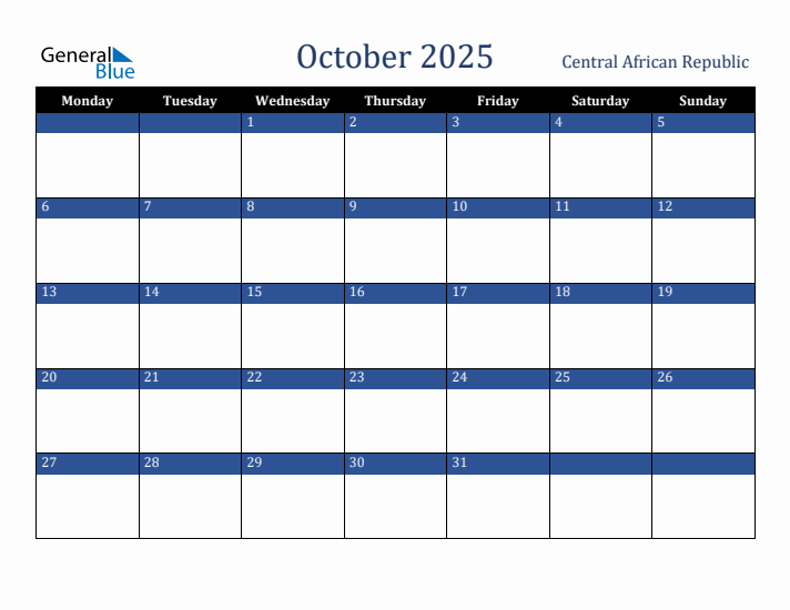 October 2025 Central African Republic Calendar (Monday Start)