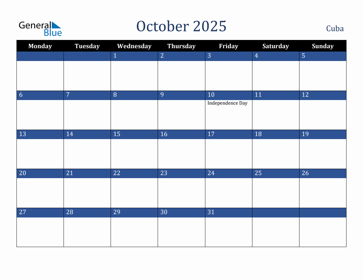 October 2025 Cuba Holiday Calendar