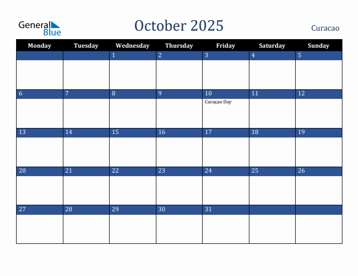 October 2025 Curacao Calendar (Monday Start)