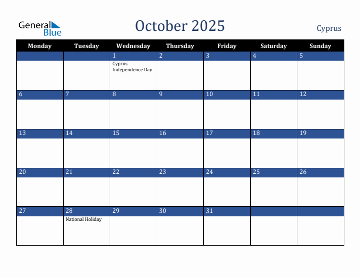 October 2025 Cyprus Calendar (Monday Start)