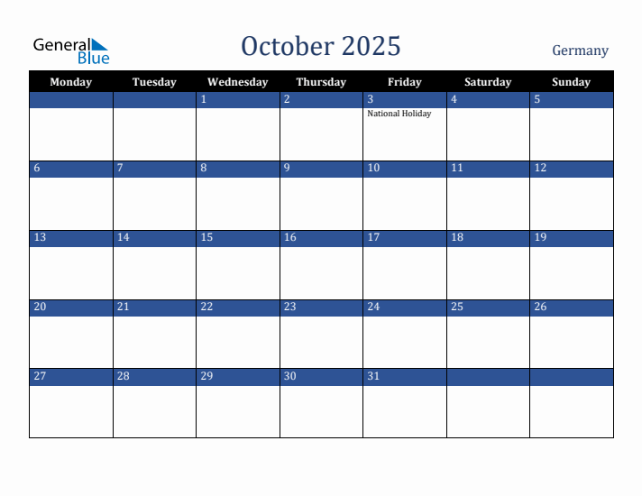 October 2025 Germany Calendar (Monday Start)