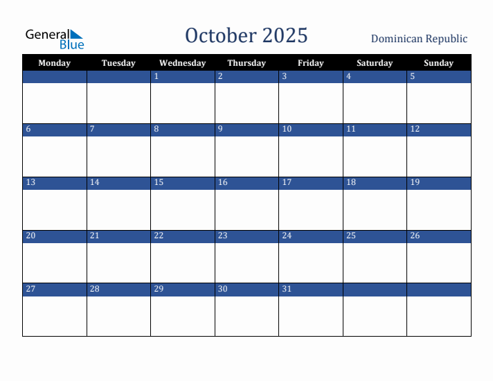 October 2025 Dominican Republic Calendar (Monday Start)