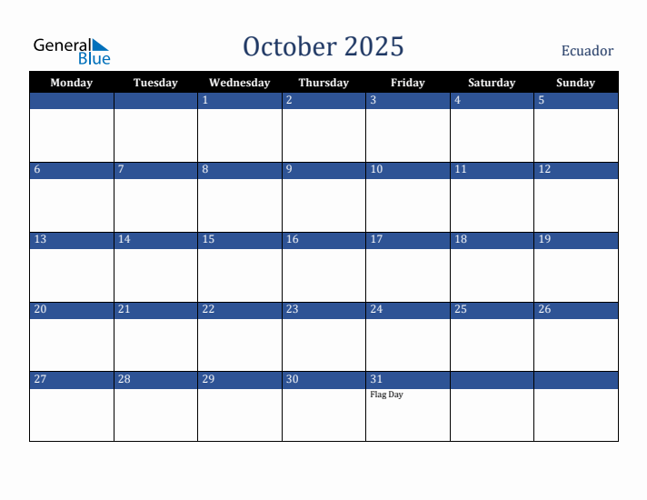 October 2025 Ecuador Calendar (Monday Start)
