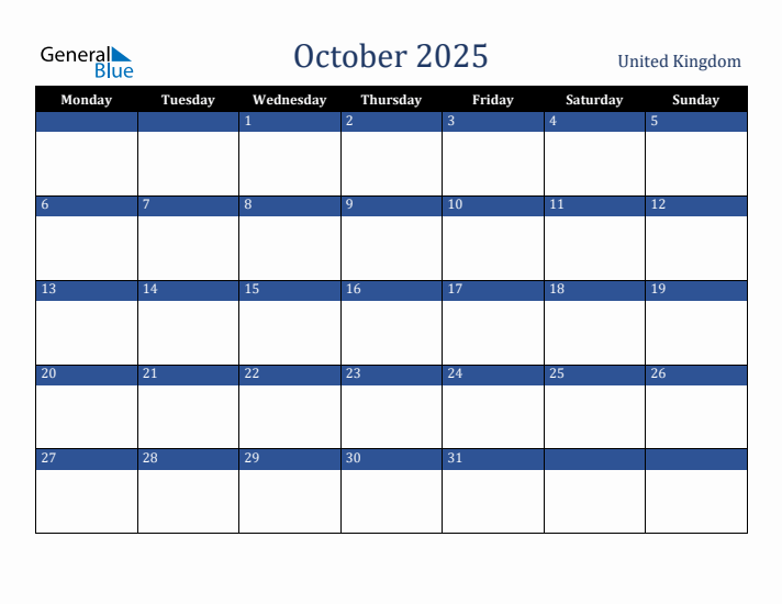 October 2025 United Kingdom Monthly Calendar with Holidays