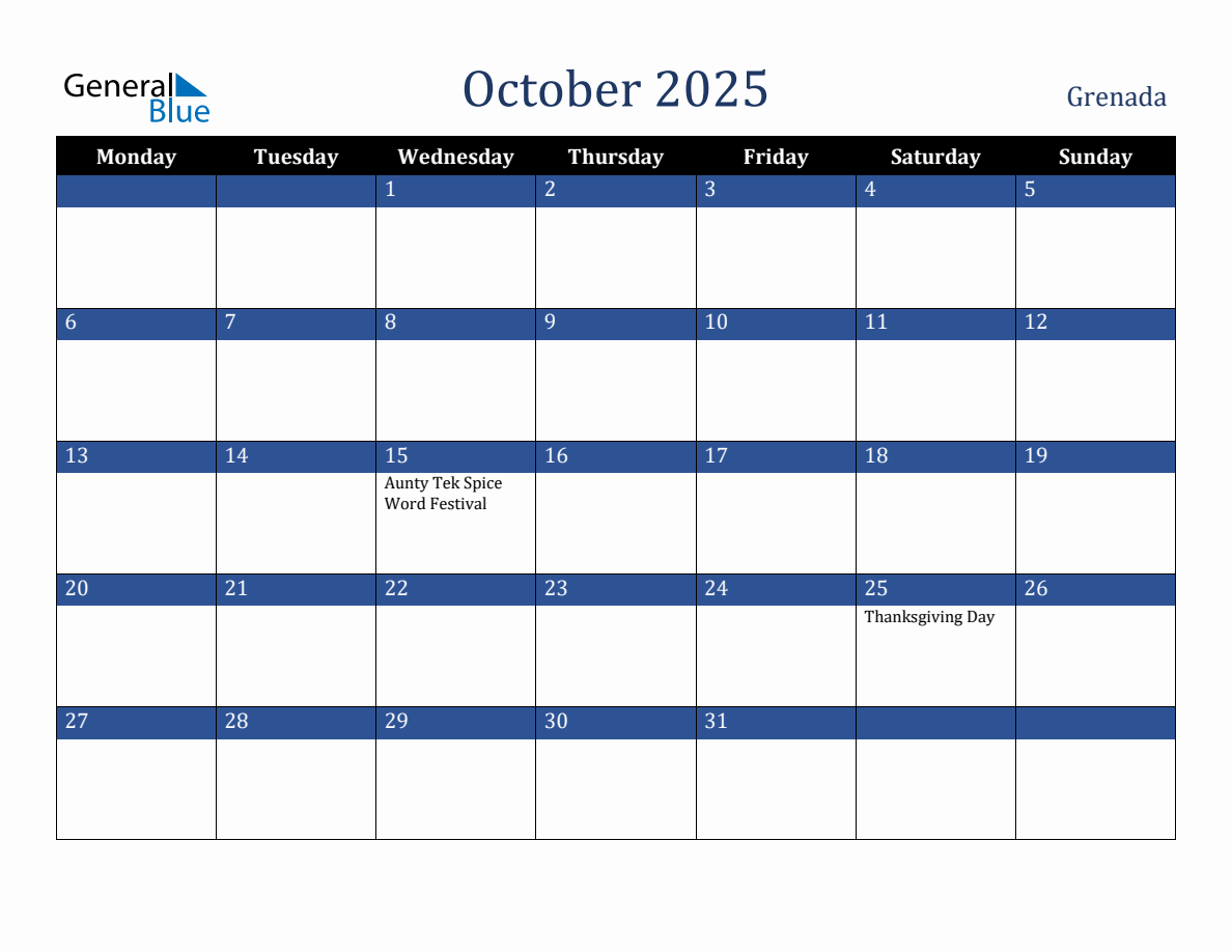 October 2025 Grenada Holiday Calendar